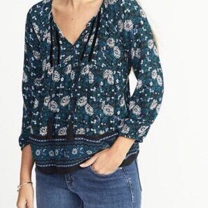 Old Navy Blouse Womens L Bohemian Peasant Sexy Midnight Blue And Teal